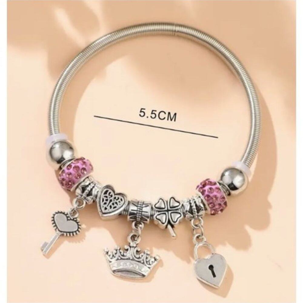 Women's Heart Lock and Key Charm Pull On Silver Tone Bracelet - Picture 2 of 4